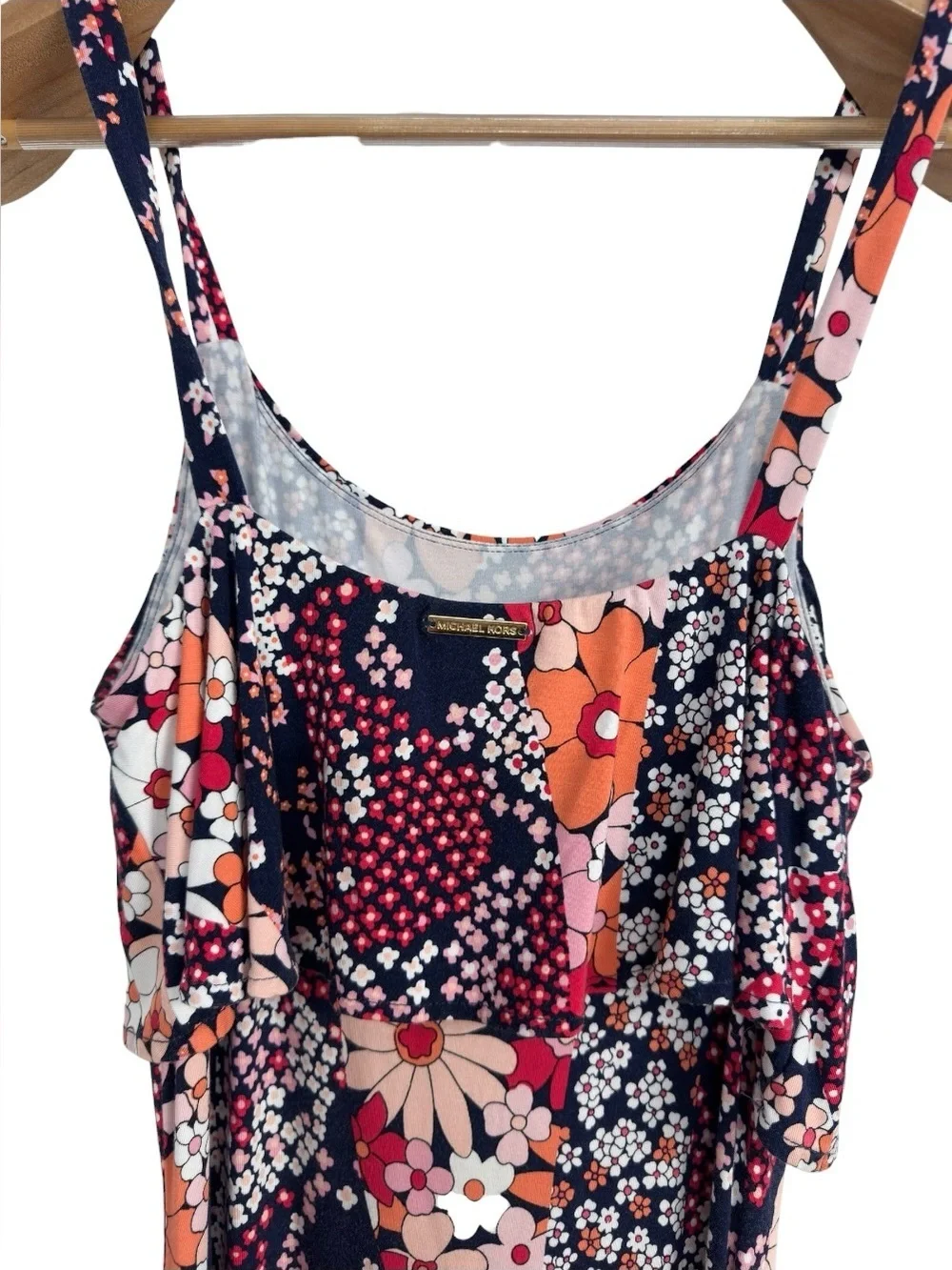 Michael Kors Floral Ruffle Midi Dress Sleeveless Stretch Navy Pink Womens Small